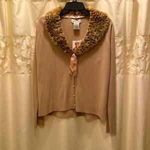 Woman’s White Stag Cardigan Sweater with  Faux Fur removable collar